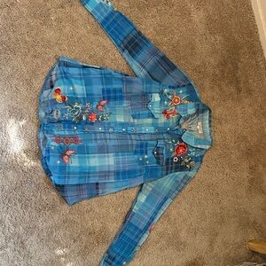Johnny Was Turquoise Plaid Embroidered Shirt